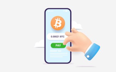 Akıllı telefondan Bitcoin ile ödeme yap, cep telefonundaki şifreli para uygulaması ile ödeme yap, ödeme düğmesine bas. 3d Vektör illüstrasyonu.