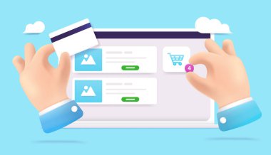 Çevrimiçi alışveriş kavramı - Çizgi filmciler web atölyesi kullanıyor ve kredi kartını mavi arka planlı dizüstü bilgisayarda tutuyor. Vektör illüstrasyonu.