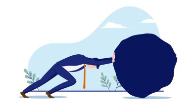 İş hayatında sıkı çalışma, iş adamı büyük bir kaya, çaba ve kararlılık için metafor üretiyor. Beyaz arkaplanda vektör illüstrasyonu.