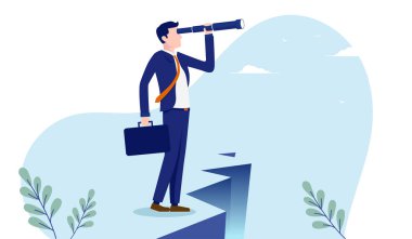 İş adamı arıyor. Uçurumun kenarında duran bir erkek dürbünle fırsatlar arıyor. Çalışan arama konsepti. Beyaz arkaplan ile vektör illüstrasyonu.