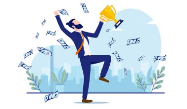 Kazanan, ödül kazanan neşeli ve mutlu bir iş adamı. Zafer ve şampiyon konsepti. Beyaz arkaplan ile vektör illüstrasyonu.