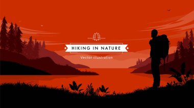 Sırt çantalı kızıl doğa manzarası. Yürüyüşçü dramatik bir vahşi doğada duruyor. Arkaplan ve duvar kağıdı konsepti, vektör illüstrasyonu.