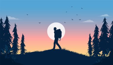 Sırt çantasında özgürlük, arka planda güneşle tepenin üstünde yürüyen bir adamın silüeti. Seyahat ve seyahat konsepti. Vektör illüstrasyonu.