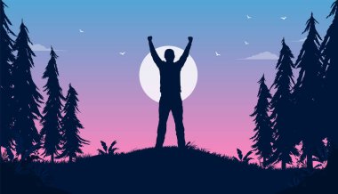 Kişisel gelişim - Kolları havada duran adam alacakaranlıkta doğada özgür ve mutlu hissediyor. Vektör illüstrasyonu.