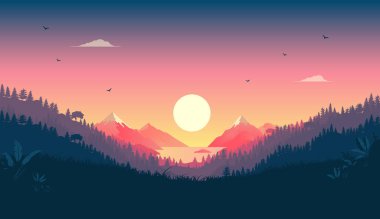 Günbatımı vektör arkaplanı - Orman, dağlar ve denizle güzel manzara çizimi. Sakin doğa kavramı.