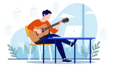 Gitar dersleri almak, sandalyede oturup dizüstü bilgisayarın önünde enstrüman çalmak. Gitar konseptini öğren, beyaz arkaplan ile vektör illüstrasyonu.