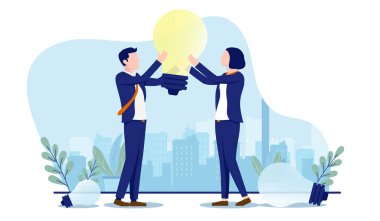 İş adamı ve iş kadını beyin fırtınası yapıp harika bir fikir üretiyor. Beyaz arkaplan ile vektör illüstrasyonu.