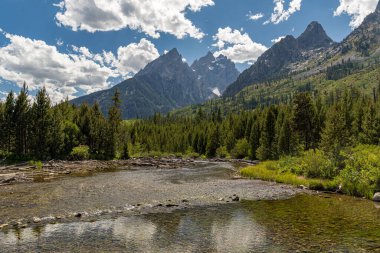 Teton dağları String Gölü kıyısında, Grand Teton Ulusal Parkı, Wyoming 'de görüldü.