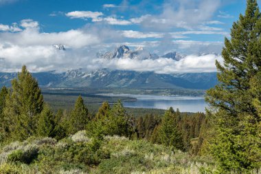Jackson Lake ve Teton Range, Wyoming 'deki Grand Teton Ulusal Parkı' ndaki Sinyal Dağı 'nın zirvesinden görüldü.