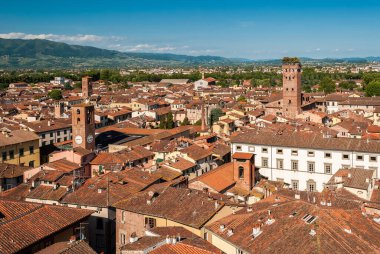 Lucca 'nın Toskana' daki hava manzarası; sağdaki kuleye Torre Guinigi denir.