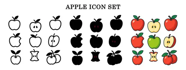 Apple Simge Kümesi the Outline, Silhouette ve Düz Renk Biçimlerinde Vektör Meyve Sembolleri