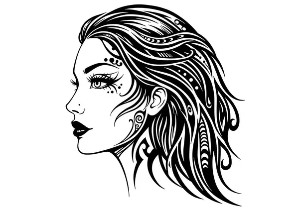 Karmaşık Saçlı ve Kabile Makyaj Vektörü İllüstrasyonlu Bohem Kadın