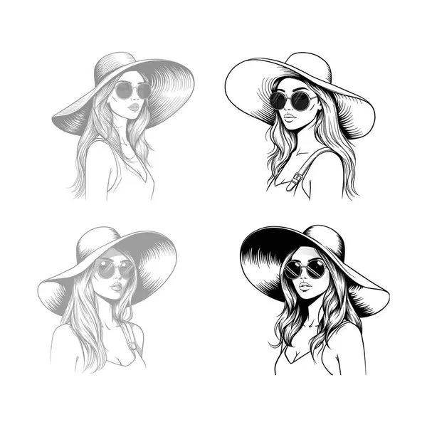 Güneş Şapkalı ve Güneş Gözlüklü Şık Kadın - El Çizimi Vektör Çizimleri