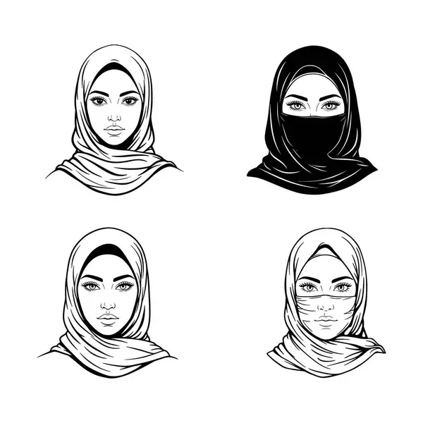Başörtüsü, Niqab ve Yüz Maskesi 'nde Müslüman Kadınların Vektör Kümesi - Ön Görünümler