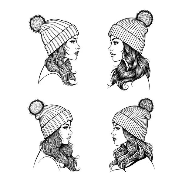 Pom-Pom Fasulyelerinde El Çizimi Kadınlar - Vector Winter Illustrations