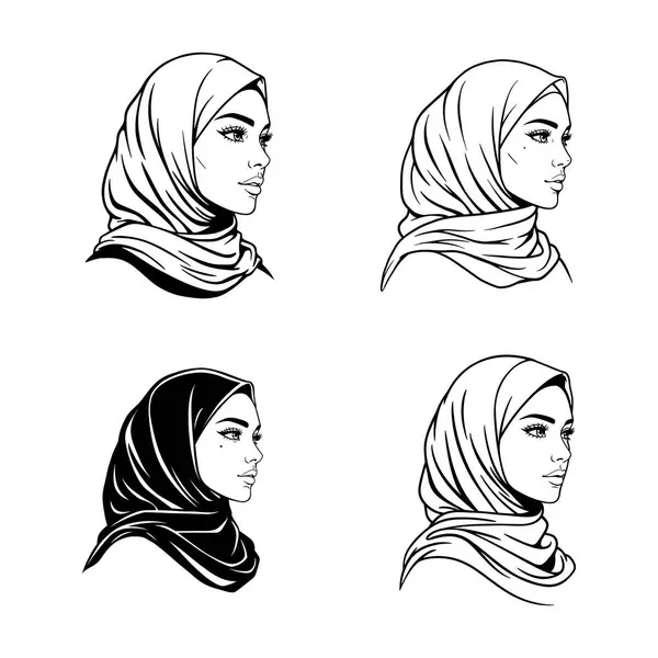 Türbanlı El Çizimi Müslüman Kadın - Vektör Portresi Seti