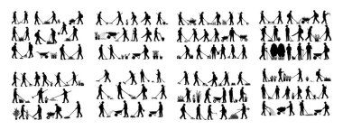 Bahçecilik, bahçe işleri, tırmık temizleme, yapraklar ve el arabalarının bakımını üstlenen insanların siluet koleksiyonu.