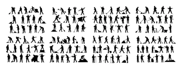 Eylem Pozisyonlarındaki İşçi Silüetleri Koleksiyonu - El ile Çalışma Vektörü Ayarları