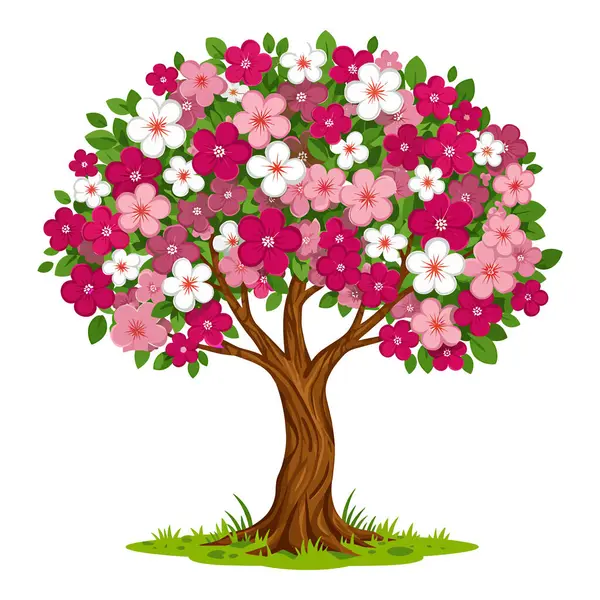 Pembe ve Beyaz Çiçek Vektör İllüstrasyonlu Çiçek Ağacı