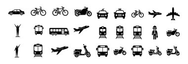 Siyah Siluet Taşıma Simgeleri Araba, Bisiklet, Tren, Uçak, Otobüs, Scooter & Toplu Taşıma Vektörü