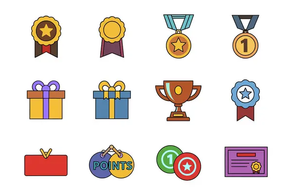 Renkli Ödül ve Başarı Simgeleri Madalyaları, Ödülleri, Rozetleri, Hediyeleri, Noktaları ve Sertifika Vektörlerini Ayarla