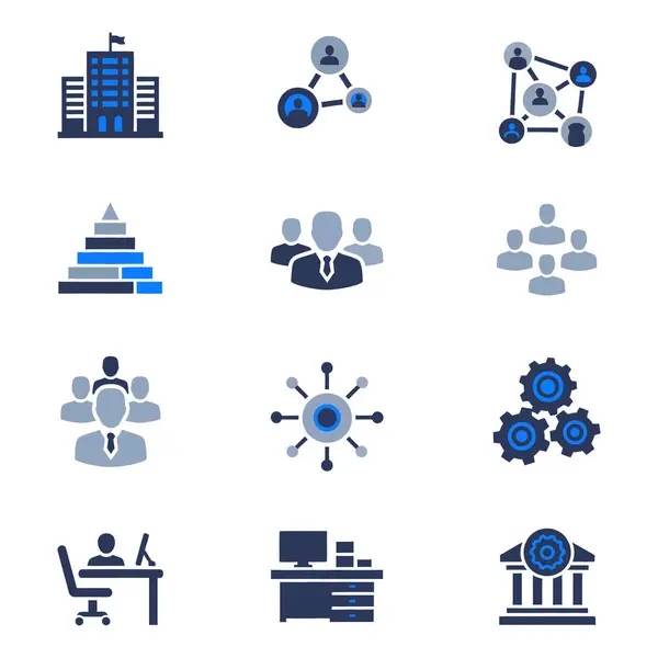 Şirket ve Ofis Simgeleri İş Yönetimi, Takım Çalışması, Örgüt ve Ofis Elementleri Vektörünü Ayarladı