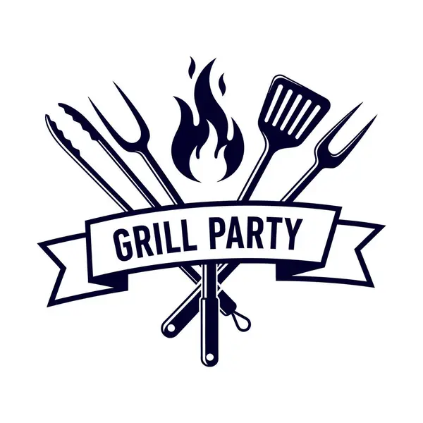 Çapraz Utensiller ve Alevlerle Eski BBQ Izgara Partisi Amblemi