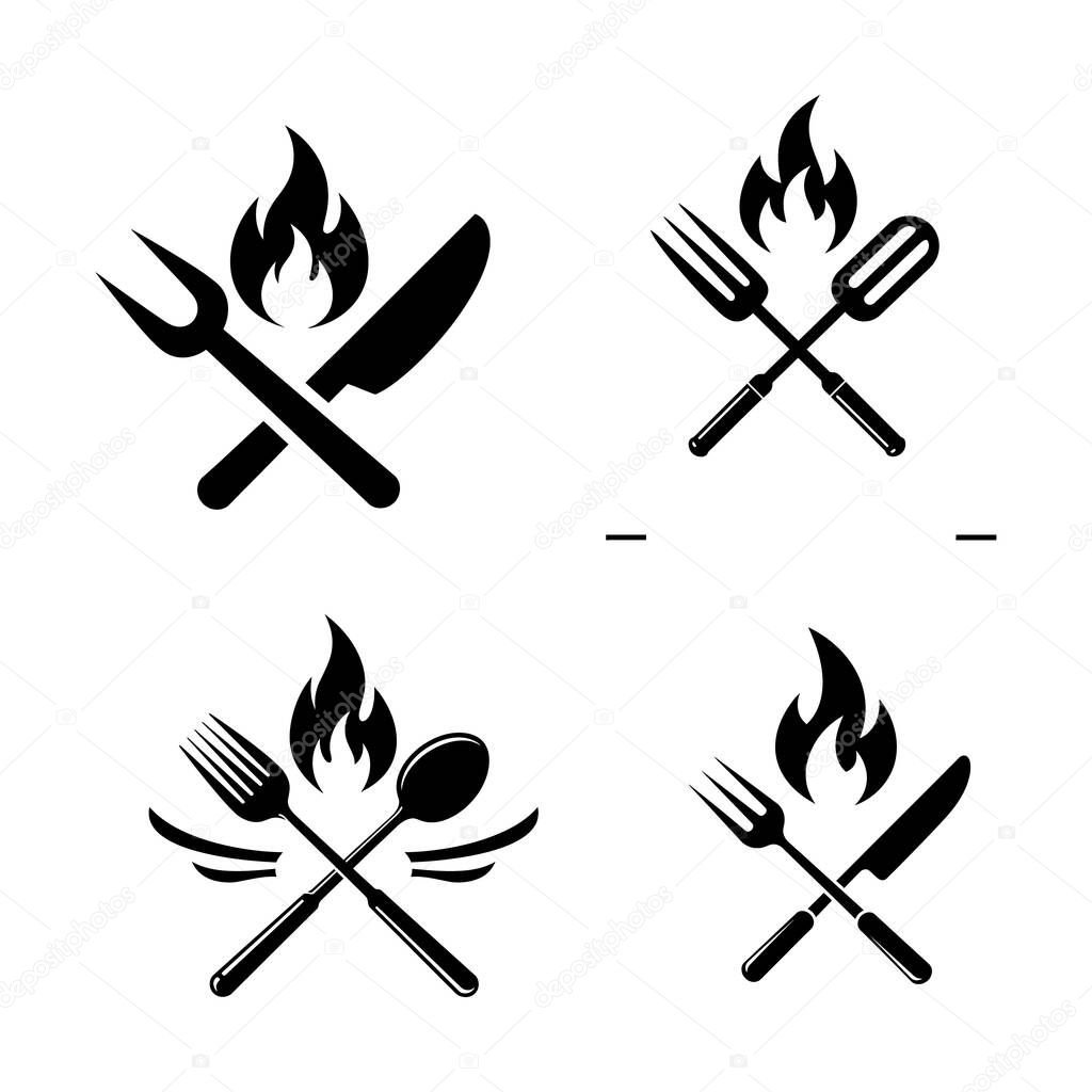 BBQ and Grill Icon Set with Flaming Crossed Utensils for Restaurant Logos