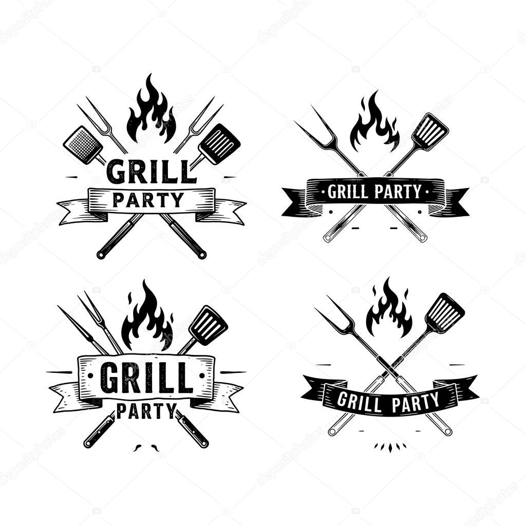 Vintage Grill Party BBQ Logo and Emblem Set with Crossed Utensils