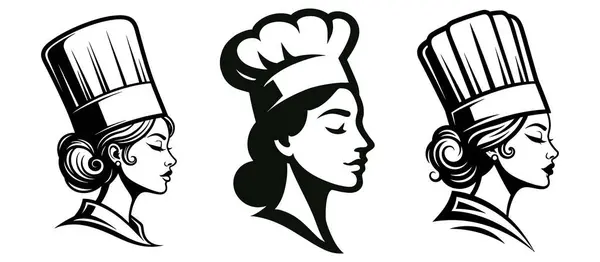 Restoran ve Fırın Logoları için Zarif Kadın Şef Profil Vektörü Ayarlandı
