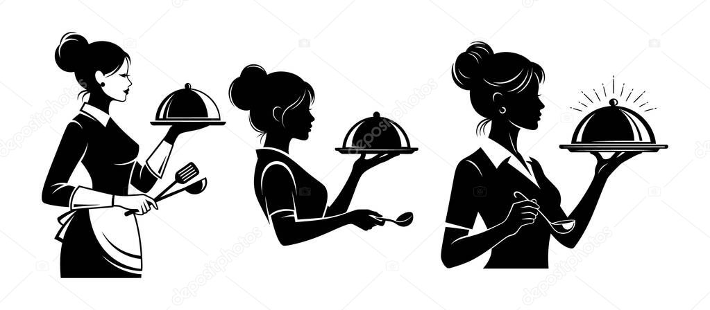 Elegant Waitress with Serving Tray Vector Logo Set for Restaurants
