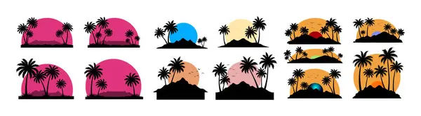Tropikal Günbatımı ve Gündoğumu Vektör Simgesi Palmiye Ağacı Siluetleri ile Ayarlandı