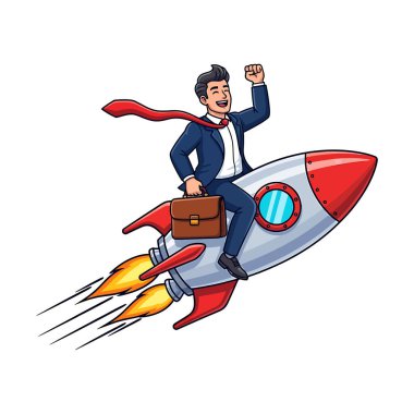 İşadamı Roket Gemisiyle Başarı Çizgi Film Vektörüne