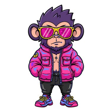 Güneş gözlüklü ve pembe ceketli karikatür maymunu.