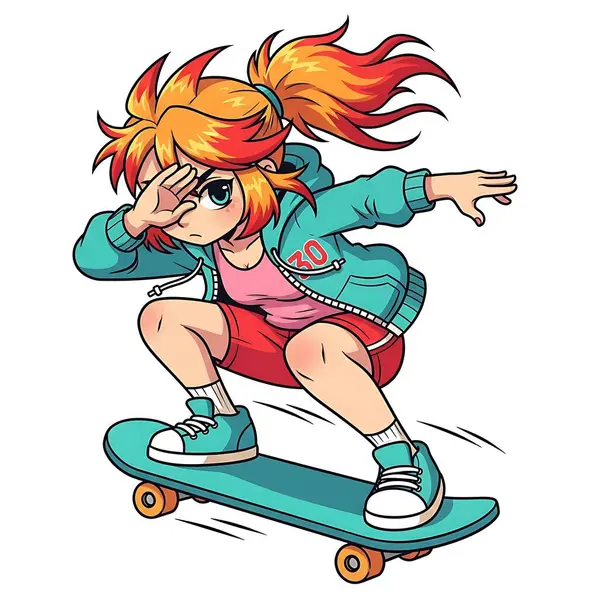 Cool Anime Kaykaycı Kız Kaykay Vektörü İllüstrasyonu