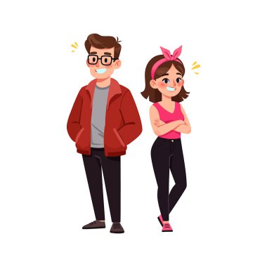 Şık Genç Çift - Kendine Güvenen Çizgi Karakterler Vektör İllüstrasyonu