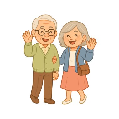 Mutlu Asyalı Yaşlı Çiftler Yürüyor ve El sallıyor - Kıdemli Vektör İllüstrasyonu