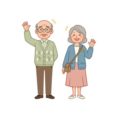 Mutlu Asyalı Yaşlı Çiftler El sallıyor Neşeli Yaşlı Vektör İllüstrasyonu