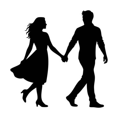 Romantik Çift Elele tutuşuyor ve Yürüyor - Vektör Silueti