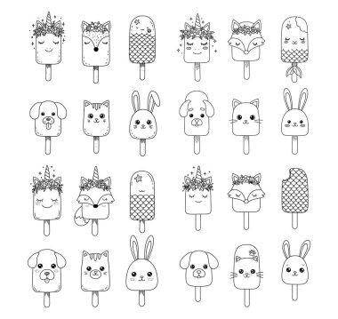 Şirin Kawaii Hayvan Dondurması - Vektör Renk Sayfası Ayarları