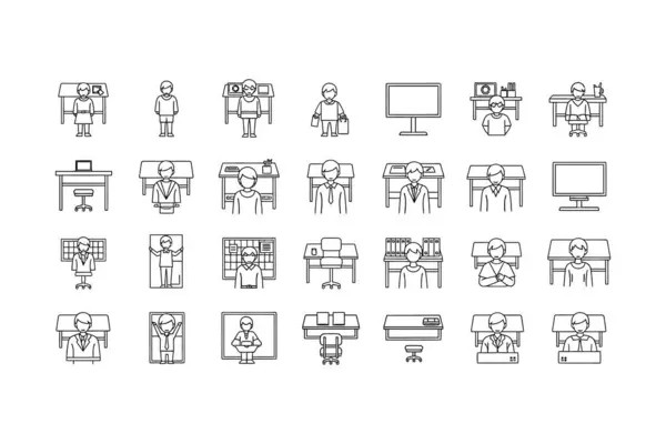 Ofis Çalışması ve İş İşbirliği Vektör Satır Simgesi Ayarlandı