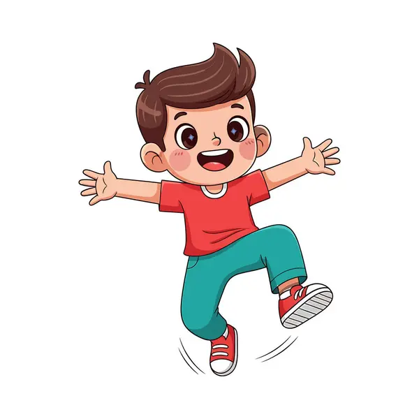 Neşeli Çizgi Çocuk Zıplayan Çocuk - Enerjik Çocuk Vektör Çizimi