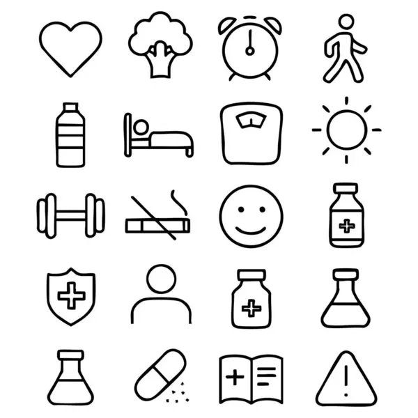 Sağlık ve Sağlık Çizgisi Simgesi Seti - Sağlıklı Yaşam Tarzı Vektör Simgeleri