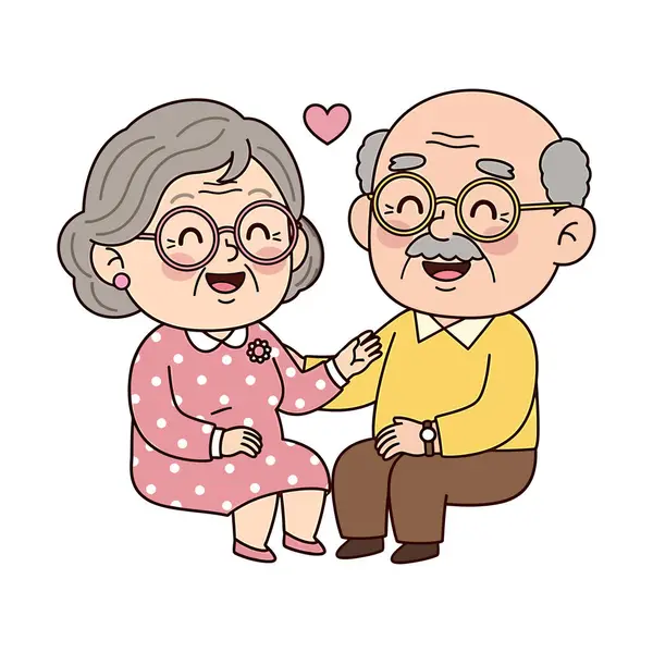 Sevimli Çizgi film Yaşlı Aşık Çift - Mutlu Büyükbaba ve Büyükbaba Vektör İllüstrasyonu