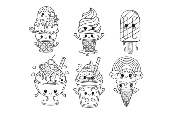 Şirin Kawaii Dondurma Karakterleri Renklendirme Sayfası - Vektör Gıda Çizimleri