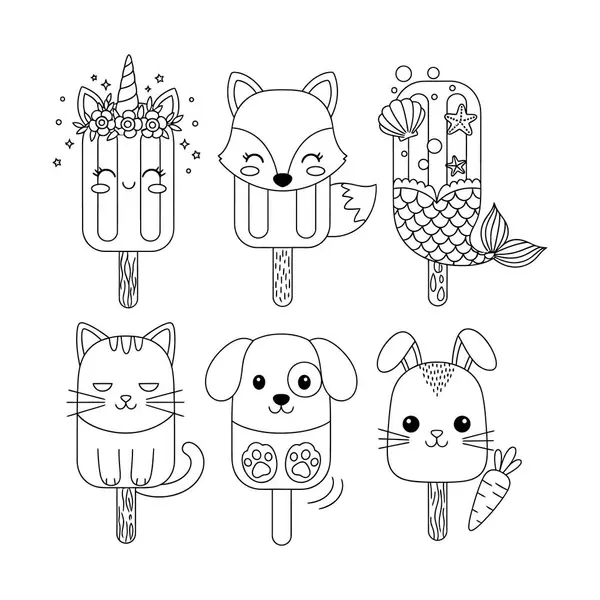 Şirin Hayvan Dondurması Karakterleri Renklendirme Sayfası - Kawaii Vektör Resimleri