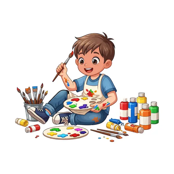 Sevimli Çizgi Çocuk Ressamı - Küçük Sanatçının Vektör İllüzyonu