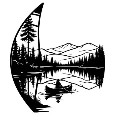 Sakin göl üzerinde kanoist yansıması olan huzurlu hilal manzarası