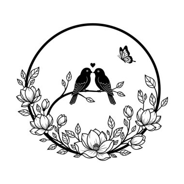 Çiçek çelengi ve kelebek elementine aşık iki kuşun büyüleyici silueti.