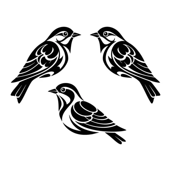 Üç stilize siyah beyaz serçe birbirine tünemiş doğanın basit zarafetini yakalıyorlar.